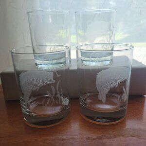Set Of 4 Etched Clear Whiskey Glasses With Fish & Letter C Design